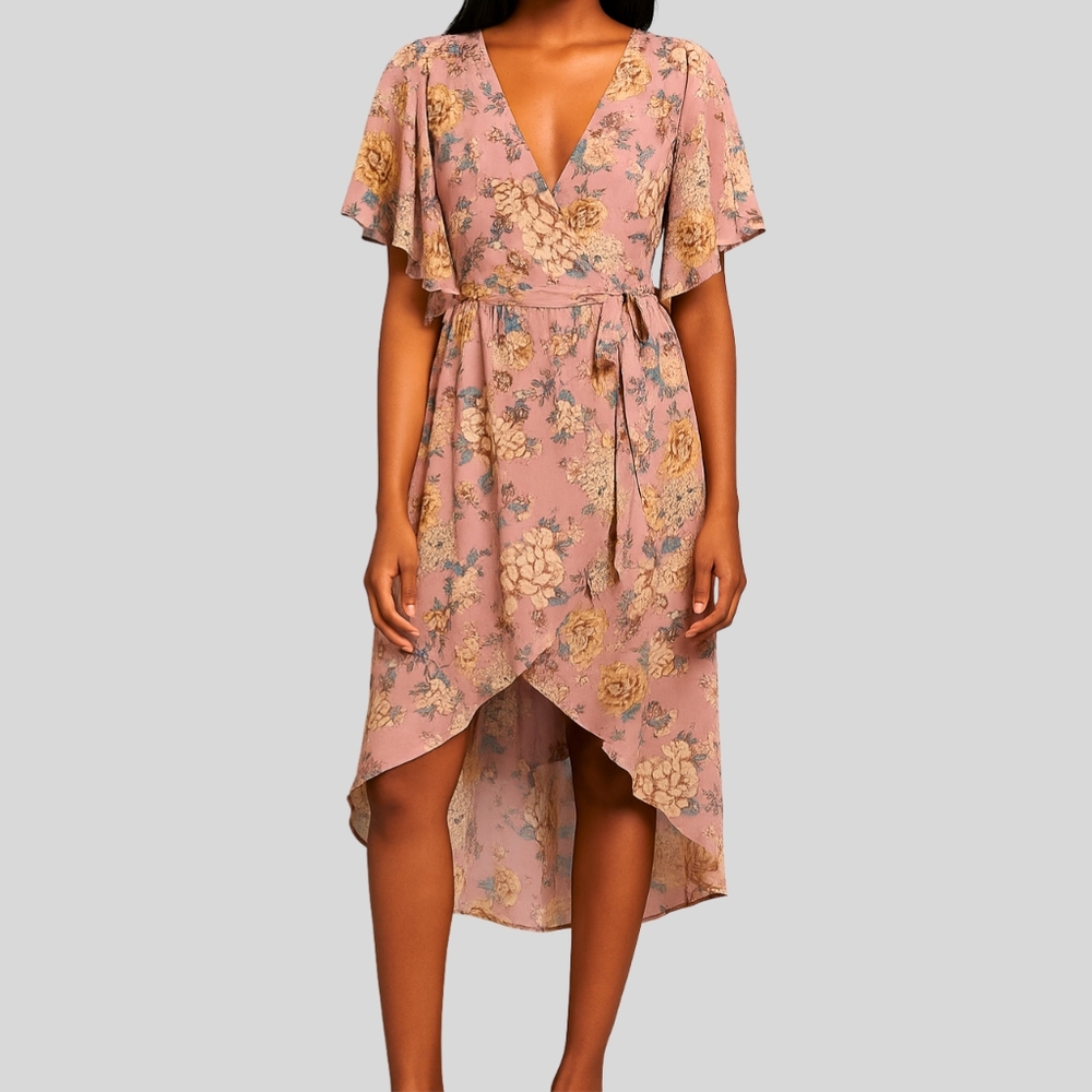 Chelsea28 Floral Wrap Dress Women's Size XXS Purple Chiffon High Low Wedding